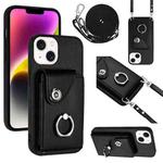 For iPhone 14 Organ Card Bag Ring Holder Phone Case with Long Lanyard(Black)