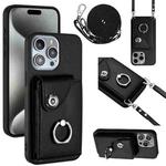 For iPhone 12 Pro Organ Card Bag Ring Holder Phone Case with Long Lanyard(Black)