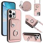 For iPhone 16 Pro Max Organ Card Bag Ring Holder Phone Case with Long Lanyard(Pink)