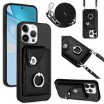 For iPhone 16 Pro Max Organ Card Bag Ring Holder Phone Case with Long Lanyard(Black)