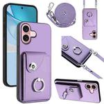 For iPhone 16 Organ Card Bag Ring Holder Phone Case with Long Lanyard(Purple)