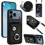 For iPhone 17 Pro Max Organ Card Bag Ring Holder Phone Case with Long Lanyard(Black)