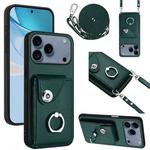 For iPhone 17 Pro Organ Card Bag Ring Holder Phone Case with Long Lanyard(Green)