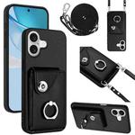 For iPhone 17 Organ Card Bag Ring Holder Phone Case with Long Lanyard(Black)
