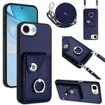 For iPhone 16e Organ Card Bag Ring Holder Phone Case with Long Lanyard(Blue)