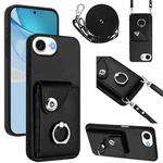 For iPhone 16e Organ Card Bag Ring Holder Phone Case with Long Lanyard(Black)