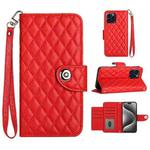 For iPhone 15 Pro Max Rhombic Texture Flip Leather Phone Case with Lanyard(Red)