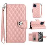 For iPhone 15 Pro Rhombic Texture Flip Leather Phone Case with Lanyard(Coral Pink)