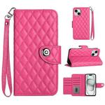 For iPhone 15 Plus Rhombic Texture Flip Leather Phone Case with Lanyard(Rose Red)