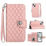 For iPhone 15 Plus Rhombic Texture Flip Leather Phone Case with Lanyard(Coral Pink)