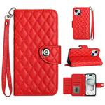 For iPhone 14 Plus Rhombic Texture Flip Leather Phone Case with Lanyard(Red)