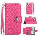 For iPhone 14 Rhombic Texture Flip Leather Phone Case with Lanyard(Rose Red)