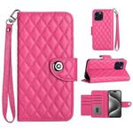 For iPhone 14 Pro Rhombic Texture Flip Leather Phone Case with Lanyard(Rose Red)