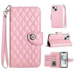 For iPhone 13 Rhombic Texture Flip Leather Phone Case with Lanyard(Pink)