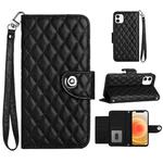 For iPhone 12 / 12 Pro Rhombic Texture Flip Leather Phone Case with Lanyard(Black)
