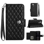 For iPhone 12 Pro Max Rhombic Texture Flip Leather Phone Case with Lanyard(Black)