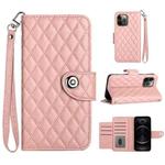 For iPhone 12 Pro Max Rhombic Texture Flip Leather Phone Case with Lanyard(Coral Pink)