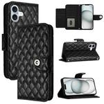 For iPhone 16 Plus Rhombic Texture Flip Leather Phone Case with Lanyard(Black)