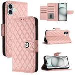 For iPhone 16 Plus Rhombic Texture Flip Leather Phone Case with Lanyard(Coral Pink)