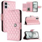 For iPhone 16 Plus Rhombic Texture Flip Leather Phone Case with Lanyard(Pink)