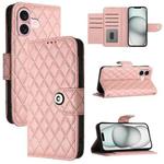 For iPhone 16 Rhombic Texture Flip Leather Phone Case with Lanyard(Coral Pink)