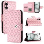 For iPhone 16 Rhombic Texture Flip Leather Phone Case with Lanyard(Pink)