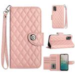 For Nokia C32 Rhombic Texture Flip Leather Phone Case with Lanyard(Coral Pink)