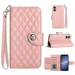 For Sony Xperia 5 V Rhombic Texture Flip Leather Phone Case with Lanyard(Coral Pink)