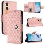 For OnePlus Nord CE4 Lite Rhombic Texture Flip Leather Phone Case with Lanyard(Coral Pink)