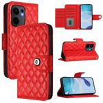 For OPPO Reno13 F 5G Global Rhombic Texture Flip Leather Phone Case with Lanyard(Red)