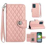 For Motorola Moto E13 Rhombic Texture Flip Leather Phone Case with Lanyard(Coral Pink)