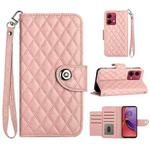 For Motorola Moto G84 Rhombic Texture Flip Leather Phone Case with Lanyard(Coral Pink)