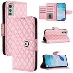 For Motorola Moto E32 4G Global Rhombic Texture Flip Leather Phone Case with Lanyard(Pink)
