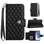 For Samsung Galaxy S21 FE 5G Rhombic Texture Flip Leather Phone Case with Lanyard(Black)