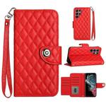 For Samsung Galaxy S22 Ultra 5G Rhombic Texture Flip Leather Phone Case with Lanyard(Red)
