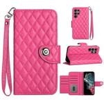 For Samsung Galaxy S22 Ultra 5G Rhombic Texture Flip Leather Phone Case with Lanyard(Rose Red)