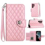 For Samsung Galaxy S22 Ultra 5G Rhombic Texture Flip Leather Phone Case with Lanyard(Pink)