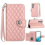 For Samsung Galaxy S23+ 5G Rhombic Texture Flip Leather Phone Case with Lanyard(Coral Pink)