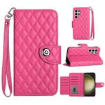 For Samsung Galaxy S24 Ultra 5G Rhombic Texture Flip Leather Phone Case with Lanyard(Rose Red)