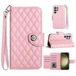 For Samsung Galaxy S24 Ultra 5G Rhombic Texture Flip Leather Phone Case with Lanyard(Pink)