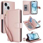 For iPhone 15 Multi-Card Wallet RFID Leather Phone Case(Rose Gold)