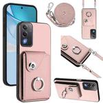 For OPPO A3 Pro Global / A3 Energy Organ Card Bag Ring Holder Phone Case with Long Lanyard(Pink)