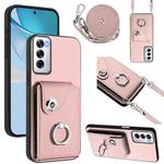 For OPPO Reno12 Global Organ Card Bag Ring Holder Phone Case with Long Lanyard(Pink)