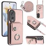 For Honor 90 Organ Card Bag Ring Holder Phone Case with Long Lanyard(Pink)