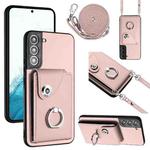 For Samsung Galaxy S22+ 5G Organ Card Bag Ring Holder Phone Case with Long Lanyard(Pink)
