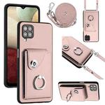 For Samsung Galaxy A12 Organ Card Bag Ring Holder Phone Case with Long Lanyard(Pink)