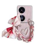 For Huawei P50 Pocket Rhombus Leather Texture Heart-shaped Scarf Bracelet Shockproof Phone Case(Pink)