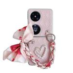 For Huawei Pocket 2 Rhombus Leather Texture Heart-shaped Scarf Bracelet Shockproof Phone Case(Pink)