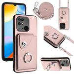 For Xiaomi Redmi 10C Organ Card Bag Ring Holder Phone Case with Long Lanyard(Pink)
