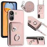 For Xiaomi Redmi 13C 4G / Poco C65 Organ Card Bag Ring Holder Phone Case with Long Lanyard(Pink)